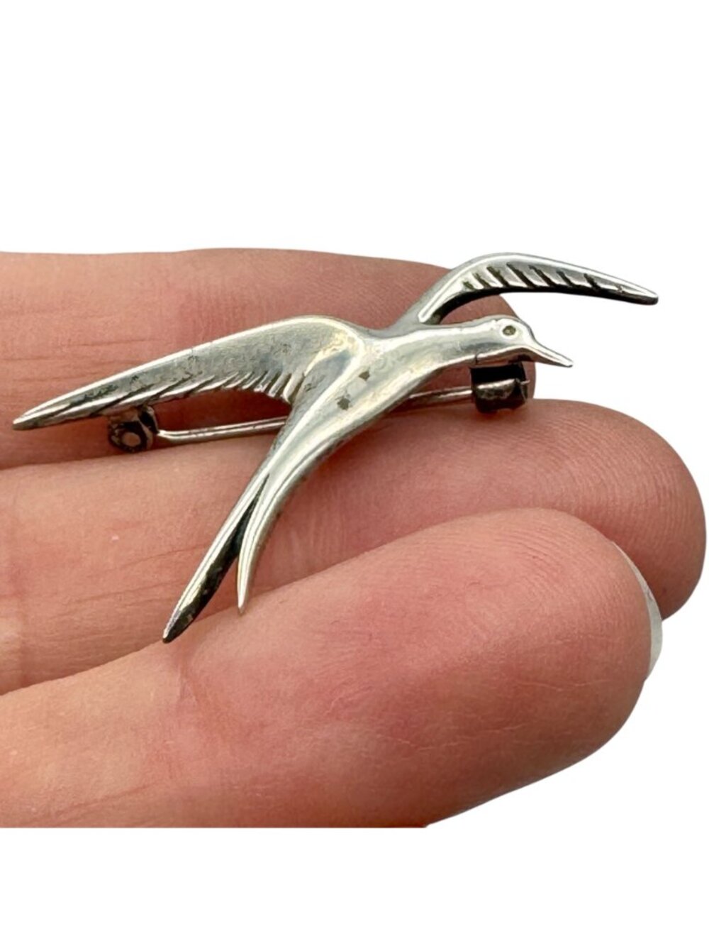 Sterling Silver Seabird Seagull Brooch Pin 1.75" Vintage Flying Bird Signed MG - Picture 2 of 11